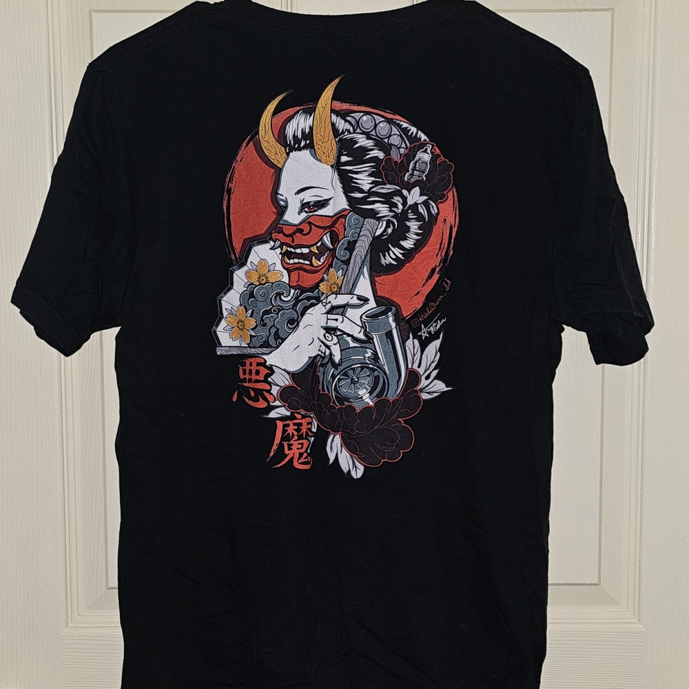 Black Graphic T-Shirt with Red and White Design